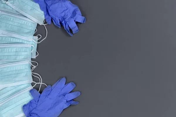 Surgical Protective Masks Gloves Surviving Covid Coronavirus Gray Background — Stock Photo, Image