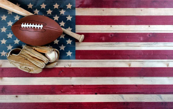 American Baseball Football Equipment Vintage Wooden Flag Background Usa Sports — Stock Photo, Image