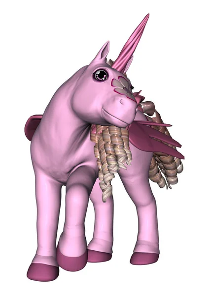 Rendering 3D Unicorno Rosa su Bianco — Foto Stock