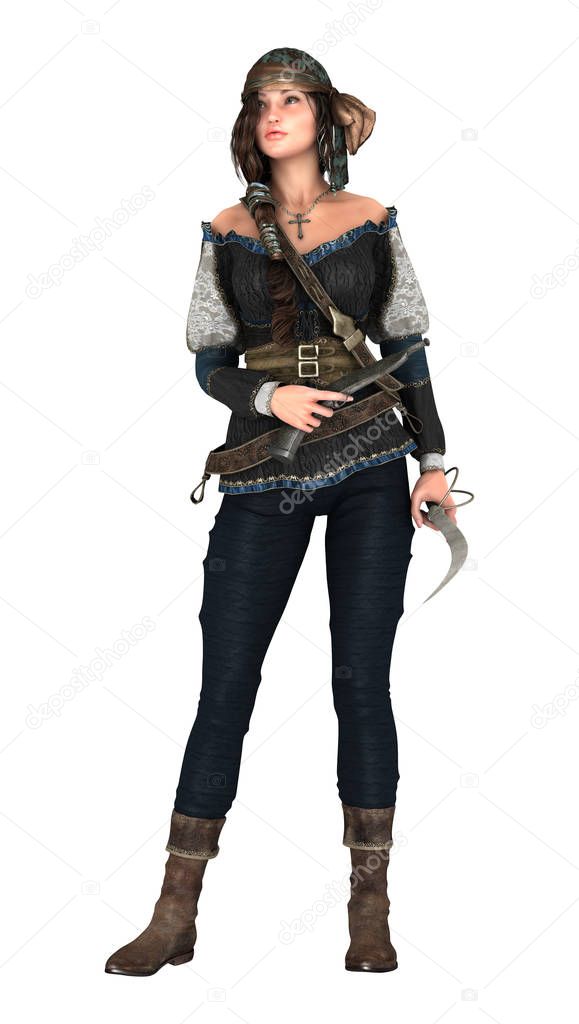 3D Rendering Pirate Woman on White