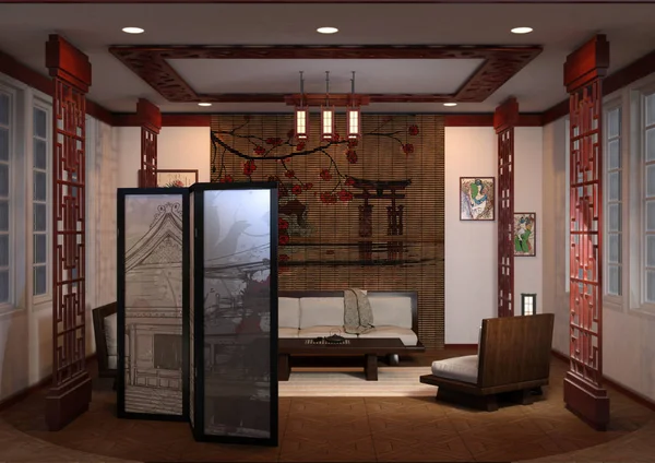 3D rendering σπίτι εσωτερικό ιαπωνικό στυλ — Φωτογραφία Αρχείου