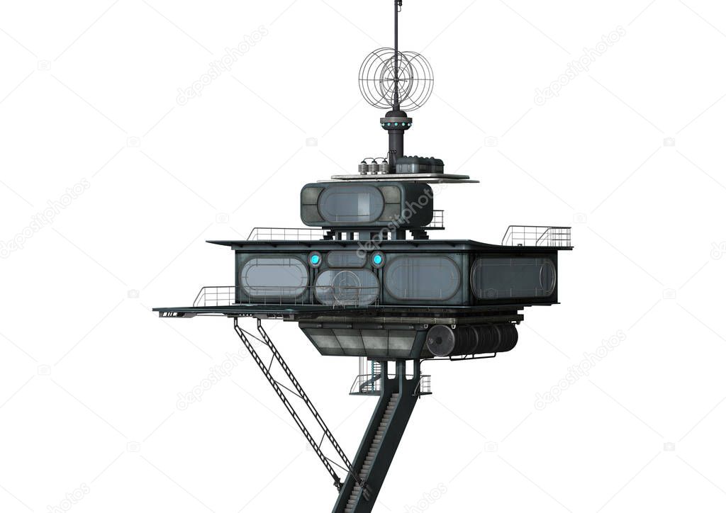 3D Rendering Science Fiction Outpost on White