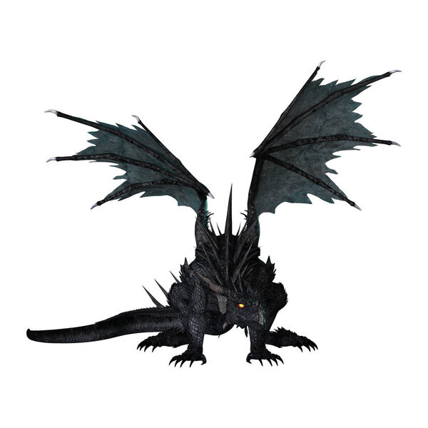 3D Rendering Fantasy Black Dragon on White