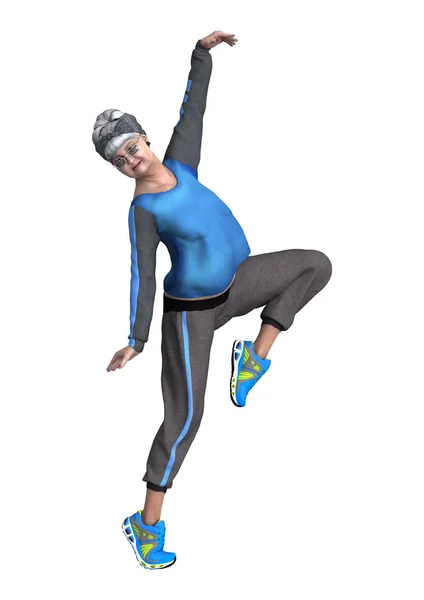 Representación 3D Mujer mayor bailando en blanco — Foto de Stock
