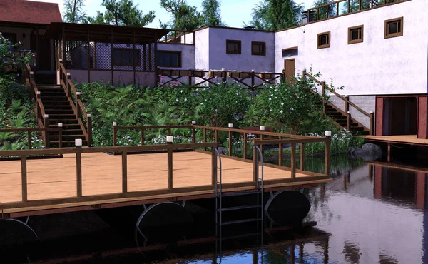 Дом у озера 3D рендеринга — стоковое фото
