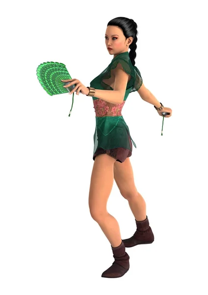 3D Rendering Asian Woman with Battle Fans on White — Stock Photo, Image