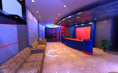 3D render otel resepsiyonu iç