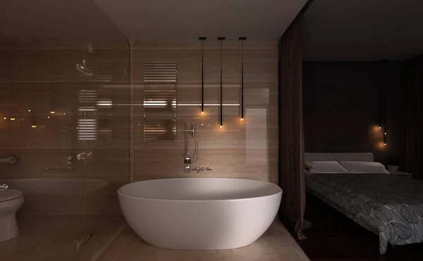 3D rendering hálószoba és fürdőszoba belső — Stock Fotó