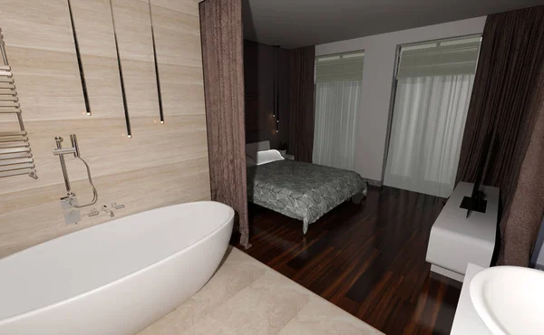 3D rendering hálószoba és fürdőszoba belső — Stock Fotó