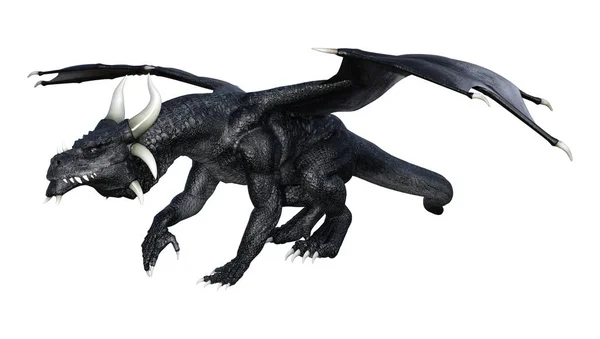 Dragón negro de fantasía de representación 3D en blanco — Foto de Stock