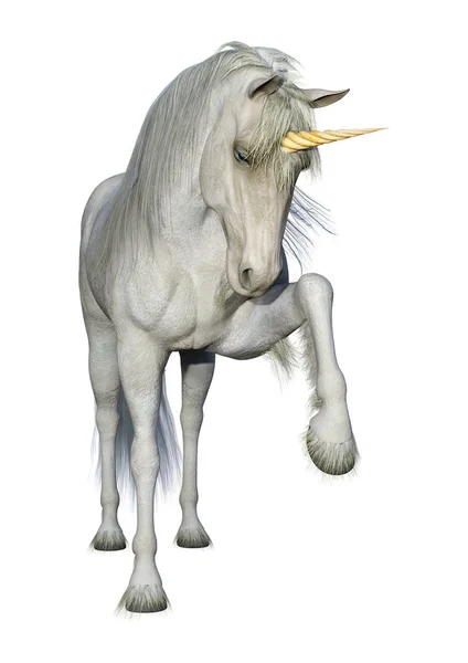 3D render peri masalı tek boynuzlu at üzerinde beyaz beyaz — Stok fotoğraf