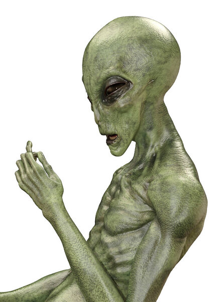 3D Rendering Green Alien on White