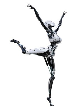 Beyaz arka planda izole edilmiş bir kadın robotun 3 boyutlu canlandırması