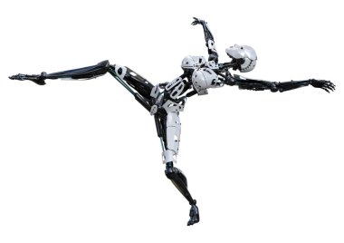 Beyaz arka planda izole edilmiş bir kadın robotun 3 boyutlu canlandırması