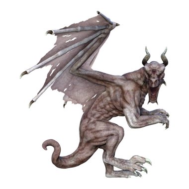 Beyaz arka planda izole edilmiş bir fantezi ejderhanın 3 boyutlu canlandırması