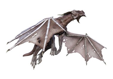 Beyaz arka planda izole edilmiş bir fantezi ejderhanın 3 boyutlu canlandırması