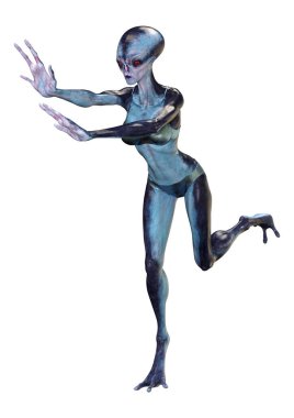 Beyaz arka planda izole edilmiş mavi dişi bir uzaylının 3 boyutlu görüntüsü