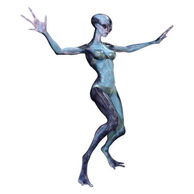 Beyaz arka planda izole edilmiş mavi dişi bir uzaylının 3 boyutlu görüntüsü