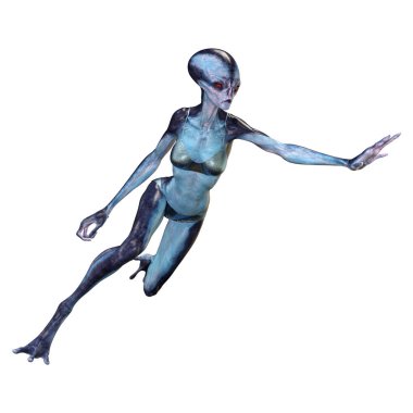 Beyaz arka planda izole edilmiş mavi dişi bir uzaylının 3 boyutlu görüntüsü