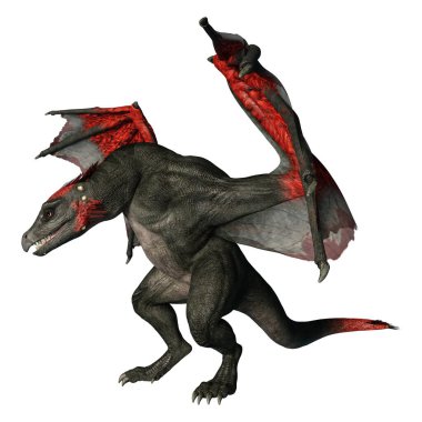 Beyaz arka planda izole edilmiş bir fantezi ejderhanın 3 boyutlu canlandırması