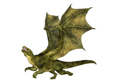 Beyaz arka planda izole edilmiş bir fantezi ejderhanın 3 boyutlu canlandırması