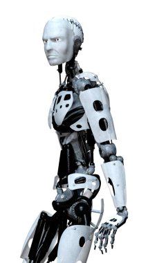 Beyaz arkaplanda izole edilmiş bir erkek robotun 3B görüntülemesi