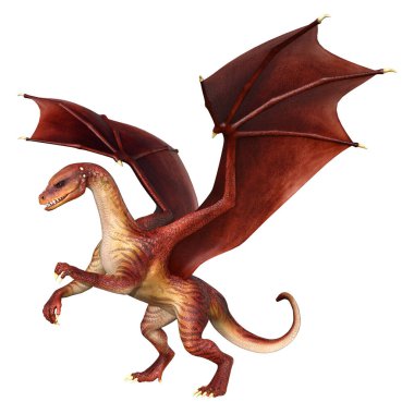 Beyaz arka planda izole edilmiş bir fantezi ejderhanın 3 boyutlu canlandırması