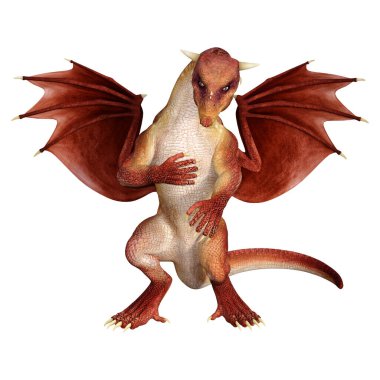 Beyaz arka planda izole edilmiş bir fantezi ejderhanın 3 boyutlu canlandırması