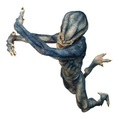 Beyaz arka planda izole edilmiş mavi bir uzaylının 3 boyutlu görüntüsü