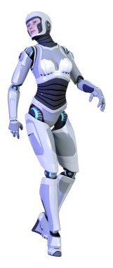 Beyaz arka planda izole edilmiş bir kadın robotun 3 boyutlu canlandırması