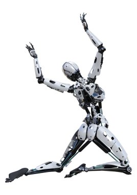Beyaz arka planda izole edilmiş bir kadın robotun 3 boyutlu canlandırması