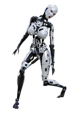 Beyaz arka planda izole edilmiş bir kadın robotun 3 boyutlu canlandırması