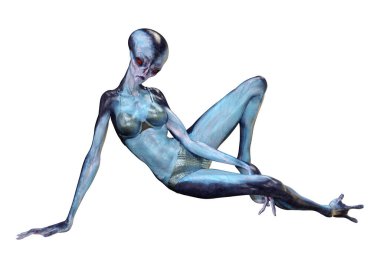 Beyaz arka planda izole edilmiş mavi dişi bir uzaylının 3 boyutlu görüntüsü