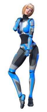 Beyaz arka planda izole edilmiş bir kadın robotun 3 boyutlu canlandırması