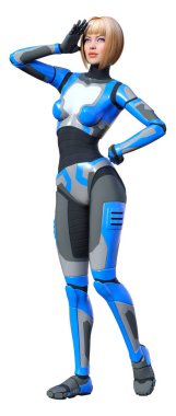 Beyaz arka planda izole edilmiş bir kadın robotun 3 boyutlu canlandırması