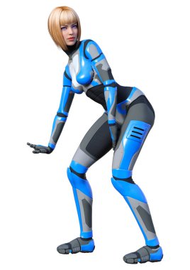 Beyaz arka planda izole edilmiş bir kadın robotun 3 boyutlu canlandırması