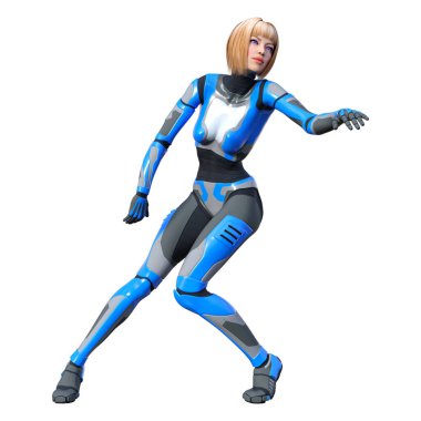 Beyaz arka planda izole edilmiş bir kadın robotun 3 boyutlu canlandırması