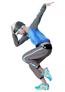 Beyaz arka planda tek başına dans eden yaşlı bir kadının 3 boyutlu görüntüsü