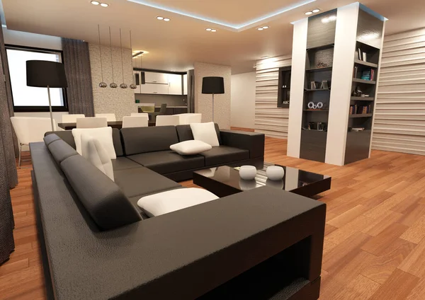 現代的なアパートのインテリアの3Dレンダリング — ストック写真