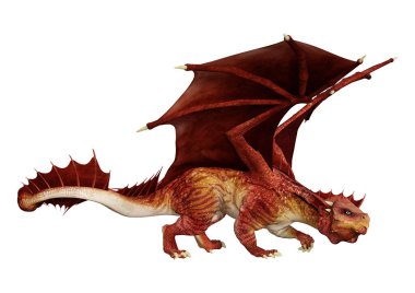 Beyaz arka planda izole edilmiş bir fantezi ejderhanın 3 boyutlu canlandırması