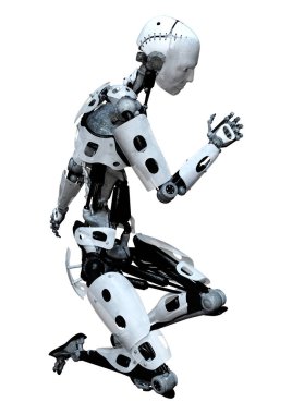 Beyaz arkaplanda izole edilmiş bir erkek robotun 3B görüntülemesi
