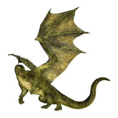 Beyaz arka planda izole edilmiş bir fantezi ejderhanın 3 boyutlu canlandırması