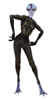 Beyaz arka planda izole edilmiş mavi dişi bir uzaylının 3 boyutlu görüntüsü