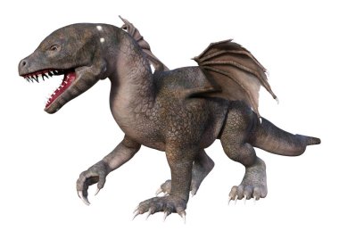 Beyaz arka planda izole edilmiş bir fantezi ejderhanın 3 boyutlu canlandırması