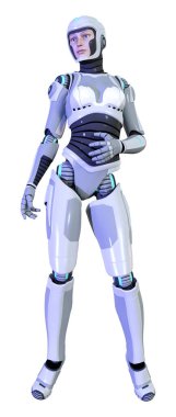 Beyaz arka planda izole edilmiş bir kadın robotun 3 boyutlu canlandırması