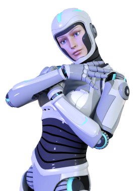 Beyaz arka planda izole edilmiş bir kadın robotun 3 boyutlu canlandırması