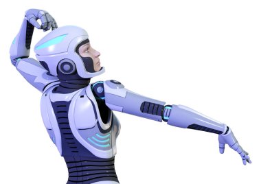 Beyaz arka planda izole edilmiş bir kadın robotun 3 boyutlu canlandırması