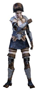 Beyaz arka planda izole edilmiş güzel bir kadın savaşçının 3 boyutlu görüntüsü.