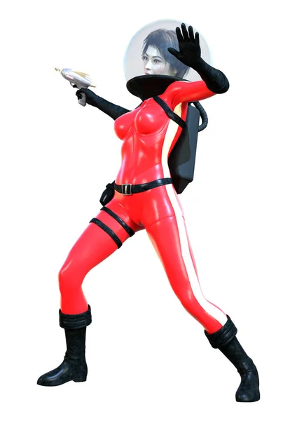 Représentation Une Astronaute Science Fiction Costume Rétro Rouge Tenant Canon — Photo