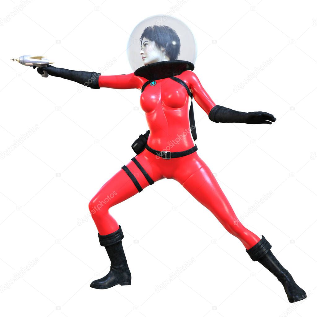 3D rendering of a sceince fiction astronaut woman in a red retro space suit holding a raygun  isolated on white background